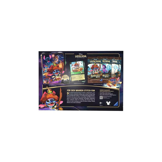 Rückseite des Disney Lorcana Azurblaues Meer Stitch Sammler Geschenk-Sets mit Booster-Inhalt und Produktbeschreibung