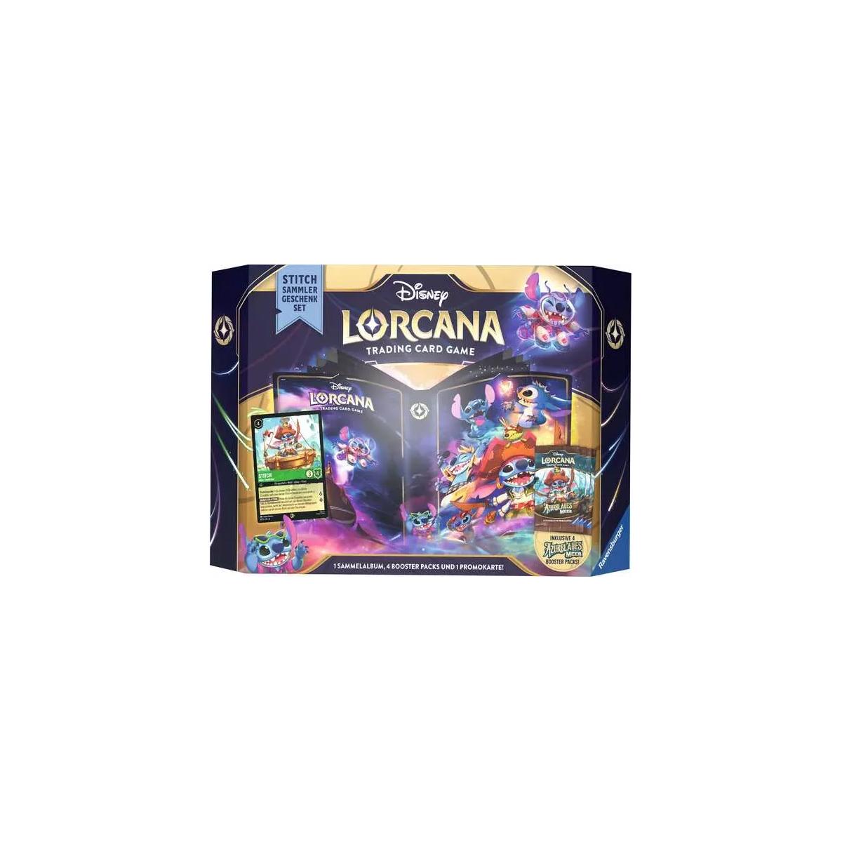 Frontansicht des Disney Lorcana Azurblaues Meer Stitch Sammler Geschenk-Sets – Sammelalbum und Boosterpacks im Stitch-Design