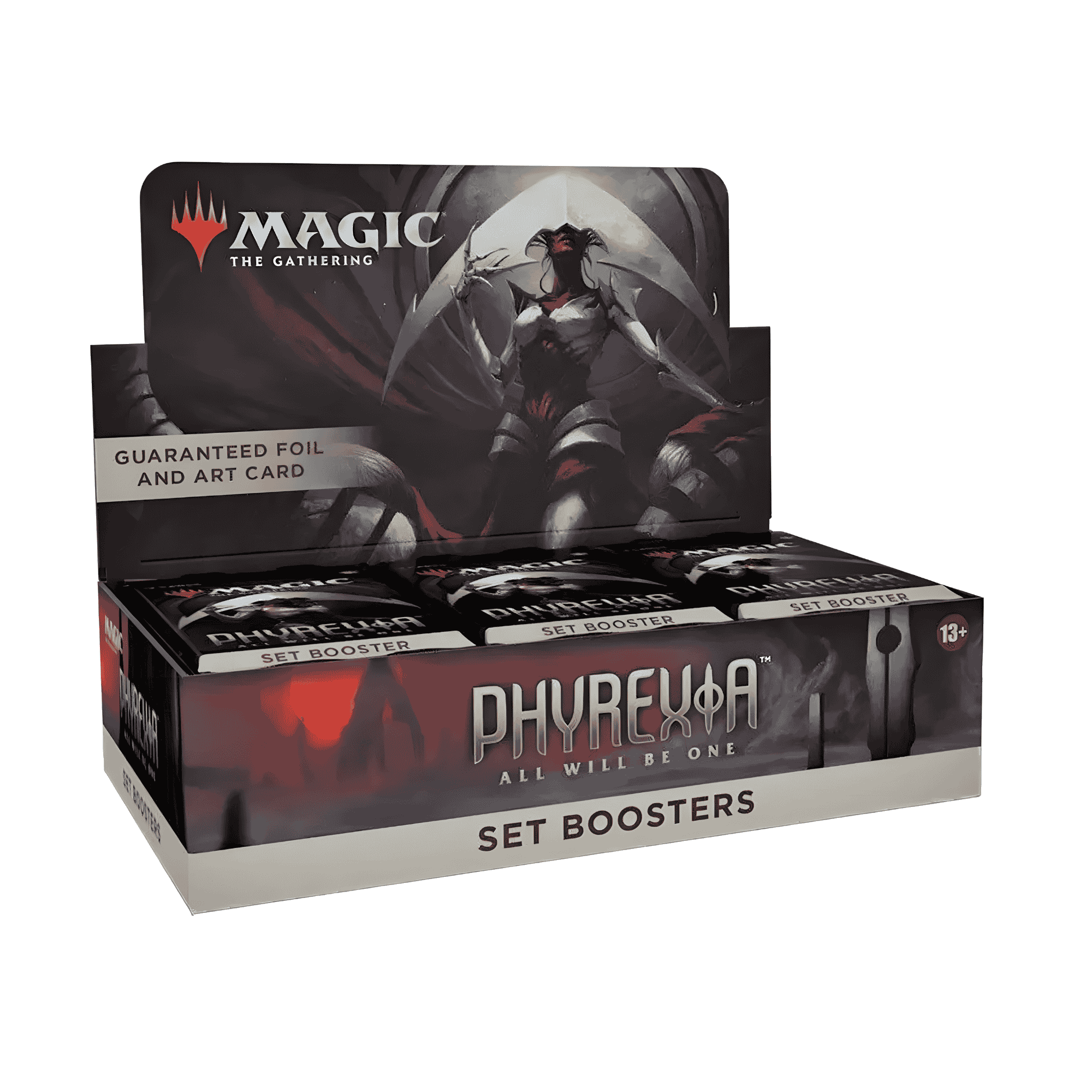 Packshot: Phyrexia: All Will Be One Set Booster Box von Magic: The Gathering – 30 Packs präsentiert in geöffneter Box